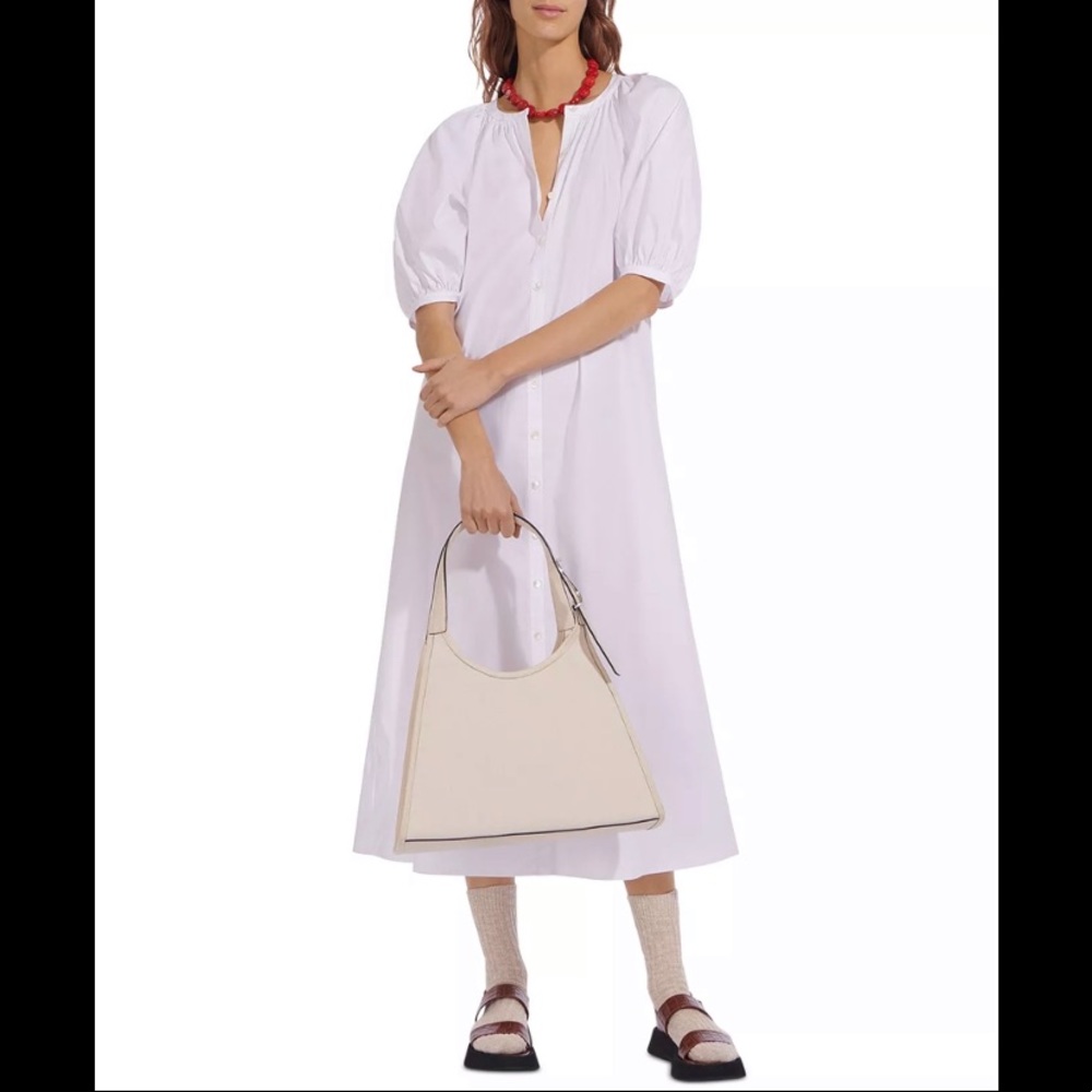 STAUD White Midi Button-Front Puff-Sleeve Dress
